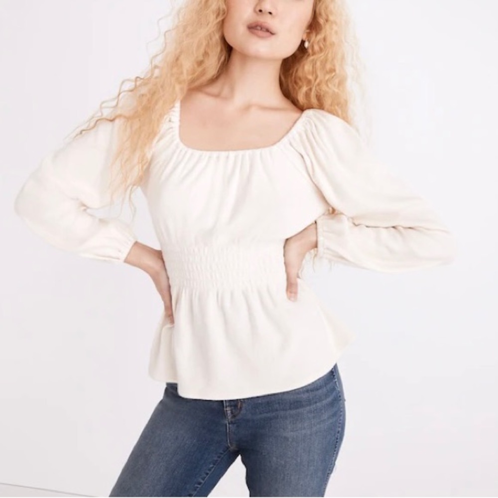 Madewell Plush Square-Neck Smocked Top Cream